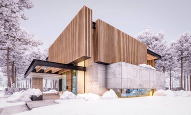 Park yeri ve havuzu satılık ya da kiralık, ahşap ön cepheli ve arka planda güzel peyzajlı modern konforlu bir ev. Pencerelerden gelen sıcak ışıkla serin bir akşam.