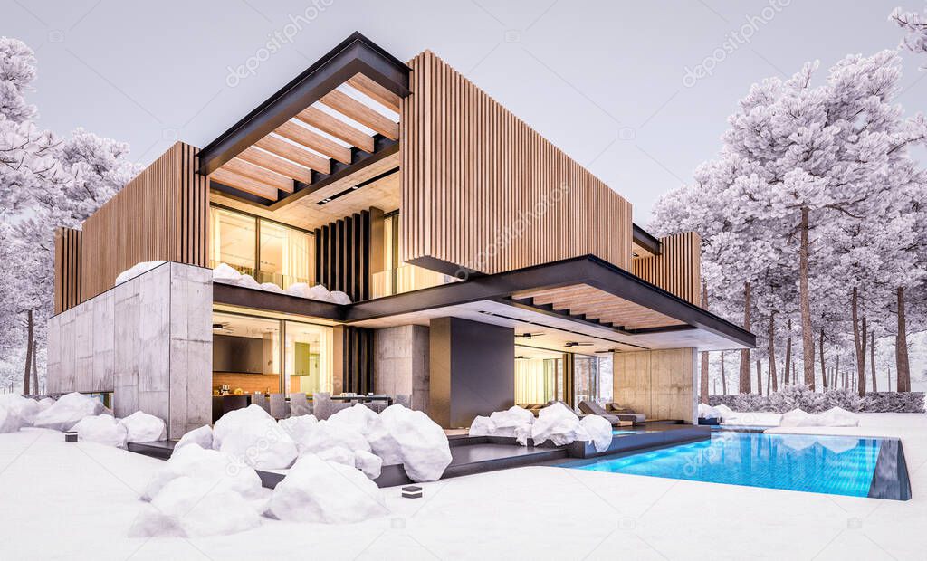 3d rendering of modern cozy house with parking and pool for sale or rent with wood plank facade and beautiful landscaping on background. Cool evening night with cozy light from windows