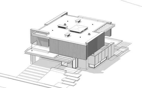 Renderowania Nowoczesnego Przytulnego Domu Parkingiem Basenem Sprzedaż Lub Wynajem Deski — Zdjęcie stockowe