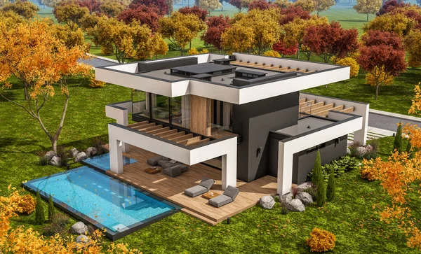 Rendering Von Modernen Gemütlichen Haus Mit Pool Und Parkplatz Zum — Stockfoto