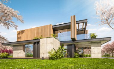 Park yeri ve havuzu satılık ya da kiralık, ahşap cepheli ve güzel manzaralı modern konforlu bir ev. Arka planda sakura çiçekleri olan çiçek açan ağaçlarla taze bir bahar günü.