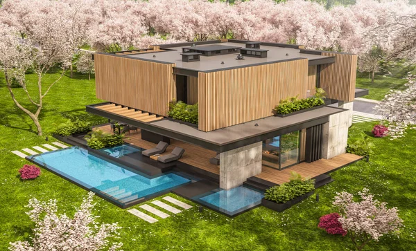 Rendering Von Modernen Gemütlichen Haus Mit Parkplatz Und Pool Zum — Stockfoto