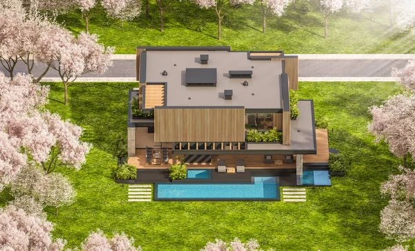 Rendering Von Modernen Gemütlichen Haus Mit Parkplatz Und Pool Zum — Stockfoto