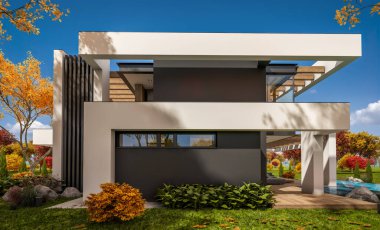 Havuzu ve satılık park yeri olan, lüks tarzda kiralanan ve arka planda güzel manzaralı modern konforlu bir ev. Güneşli bir sonbahar günü, her yerde altın yapraklar