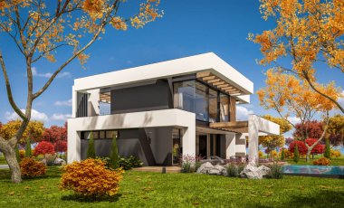 Havuzu ve satılık park yeri olan, lüks tarzda kiralanan ve arka planda güzel manzaralı modern konforlu bir ev. Güneşli bir sonbahar günü, her yerde altın yapraklar