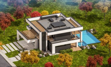 Havuzu ve satılık park yeri olan, lüks tarzda kiralanan ve arka planda güzel manzaralı modern konforlu bir ev. Güneşli bir sonbahar günü, her yerde altın yapraklar