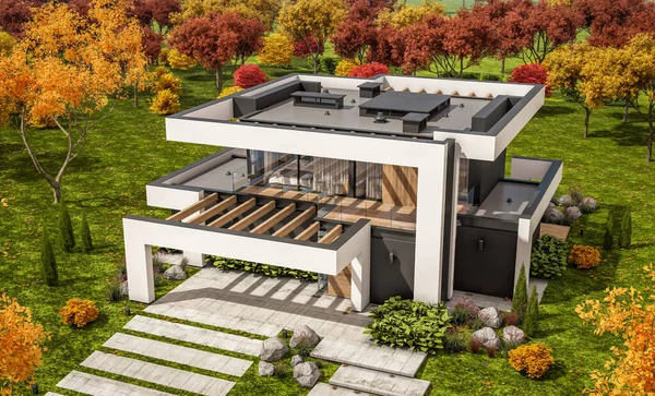 Rendering Van Modern Gezellig Huis Met Zwembad Parkeerplaats Koop Huur — Stockfoto