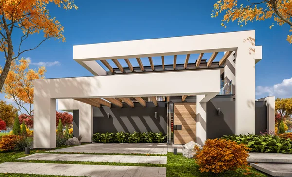 Renderização Moderna Casa Acolhedora Com Piscina Estacionamento Para Venda Aluguel — Fotografia de Stock