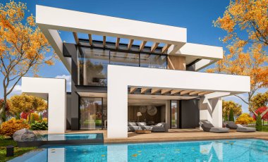 Havuzu ve satılık park yeri olan, lüks tarzda kiralanan ve arka planda güzel manzaralı modern konforlu bir ev. Güneşli bir sonbahar günü, her yerde altın yapraklar