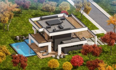 Havuzu ve satılık park yeri olan, lüks tarzda kiralanan ve arka planda güzel manzaralı modern konforlu bir ev. Güneşli bir sonbahar günü, her yerde altın yapraklar