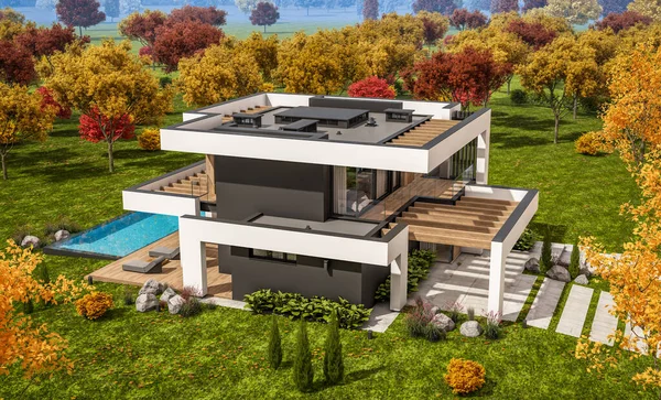 Rendering Moderna Casa Accogliente Con Piscina Parcheggio Vendita Affitto Stile — Foto Stock