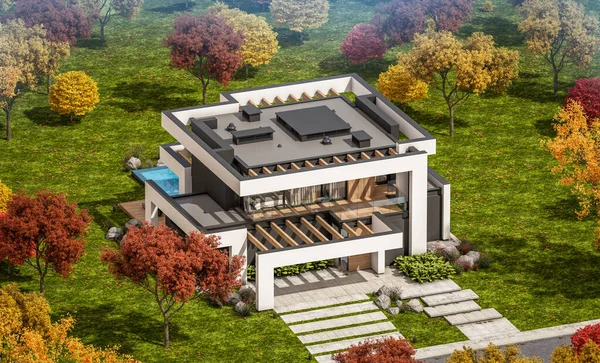 Rendering Von Modernen Gemütlichen Haus Mit Pool Und Parkplatz Zum — Stockfoto