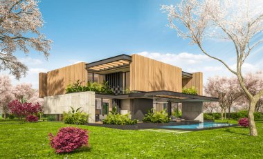 Park yeri ve havuzu satılık ya da kiralık, ahşap cepheli ve güzel manzaralı modern konforlu bir ev. Arka planda sakura çiçekleri olan çiçek açan ağaçlarla taze bir bahar günü.