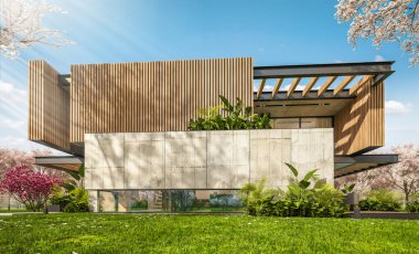 Park yeri ve havuzu satılık ya da kiralık, ahşap cepheli ve güzel manzaralı modern konforlu bir ev. Arka planda sakura çiçekleri olan çiçek açan ağaçlarla taze bir bahar günü.