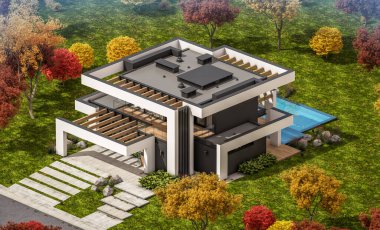 Havuzu ve satılık park yeri olan, lüks tarzda kiralanan ve arka planda güzel manzaralı modern konforlu bir ev. Güneşli bir sonbahar günü, her yerde altın yapraklar