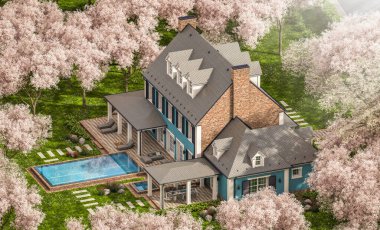 3 boyutlu modern konforlu klasik ev. Garajı ve havuzu satılık ya da kirası var. Güzel bir bahar günü, çiçek açmış ağaçlar ve sakura çiçekleri.