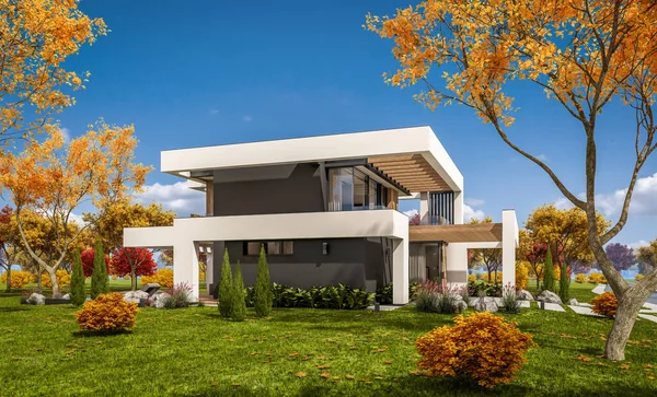 3d rendering of modern cozy house with pool and parking for sale or rent in luxurious style and beautiful landscaping on background. Clear sunny autumn day with golden leaves anywhere