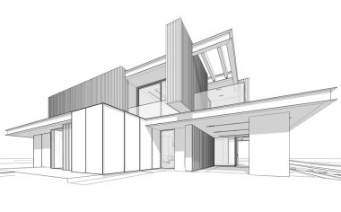 Park yeri ve havuzu satılık ya da ahşap kaplamalı modern konforlu ev. Beyaz zemin üzerinde yumuşak ışık gölgeleri olan siyah çizgi çizimi.