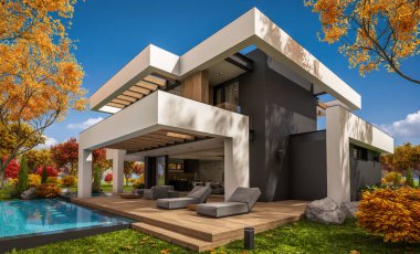 Havuzu ve satılık park yeri olan, lüks tarzda kiralanan ve arka planda güzel manzaralı modern konforlu bir ev. Güneşli bir sonbahar günü, her yerde altın yapraklar