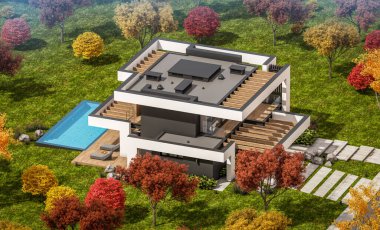 Havuzu ve satılık park yeri olan, lüks tarzda kiralanan ve arka planda güzel manzaralı modern konforlu bir ev. Güneşli bir sonbahar günü, her yerde altın yapraklar