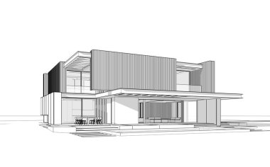 Park yeri ve havuzu satılık ya da ahşap kaplamalı modern konforlu ev. Beyaz zemin üzerinde yumuşak ışık gölgeleri olan siyah çizgi çizimi.