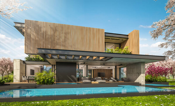 3D рендеринг современного уютного дома с парковкой и бассейном на продажу или в аренду с деревянным фасадом доски и красивым ландшафтным дизайном. Весенний день с цветущими деревьями на фоне цветов сакуры