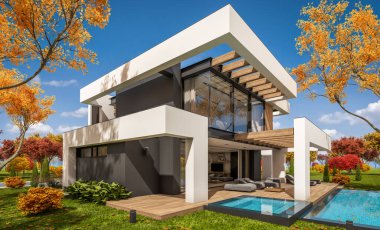 Havuzu ve satılık park yeri olan, lüks tarzda kiralanan ve arka planda güzel manzaralı modern konforlu bir ev. Güneşli bir sonbahar günü, her yerde altın yapraklar