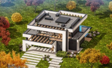 Havuzu ve satılık park yeri olan, lüks tarzda kiralanan ve arka planda güzel manzaralı modern konforlu bir ev. Güneşli bir sonbahar günü, her yerde altın yapraklar