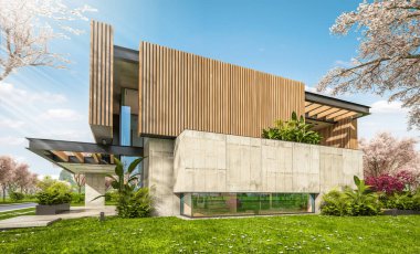 Park yeri ve havuzu satılık ya da kiralık, ahşap cepheli ve güzel manzaralı modern konforlu bir ev. Arka planda sakura çiçekleri olan çiçek açan ağaçlarla taze bir bahar günü.