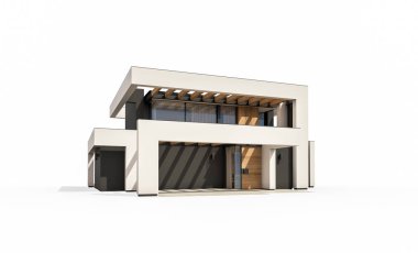 Havuzu ve park yeri olan modern konforlu bir evin 3 boyutlu tasarımı. Satılık ya da lüks tarzda. Beyazda izole edilmiş