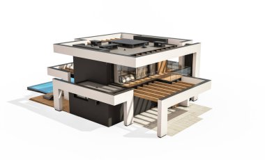 Havuzu ve park yeri olan modern konforlu bir evin 3 boyutlu tasarımı. Satılık ya da lüks tarzda. Beyazda izole edilmiş