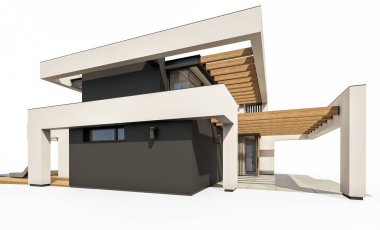 Havuzu ve park yeri olan modern konforlu bir evin 3 boyutlu tasarımı. Satılık ya da lüks tarzda. Beyazda izole edilmiş