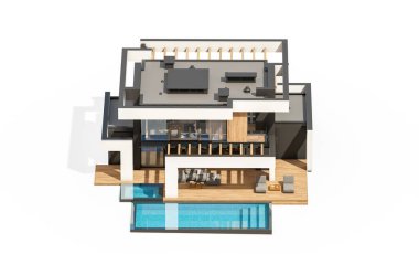 Havuzu ve park yeri olan modern konforlu bir evin 3 boyutlu tasarımı. Satılık ya da lüks tarzda. Beyazda izole edilmiş