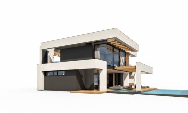 Havuzu ve park yeri olan modern konforlu bir evin 3 boyutlu tasarımı. Satılık ya da lüks tarzda. Beyazda izole edilmiş