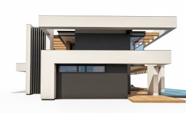 Havuzu ve park yeri olan modern konforlu bir evin 3 boyutlu tasarımı. Satılık ya da lüks tarzda. Beyazda izole edilmiş