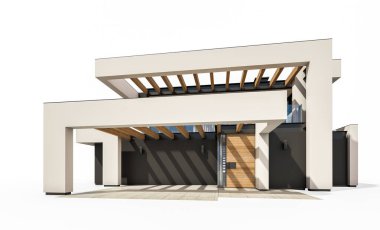 Havuzu ve park yeri olan modern konforlu bir evin 3 boyutlu tasarımı. Satılık ya da lüks tarzda. Beyazda izole edilmiş