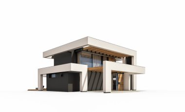 Havuzu ve park yeri olan modern konforlu bir evin 3 boyutlu tasarımı. Satılık ya da lüks tarzda. Beyazda izole edilmiş