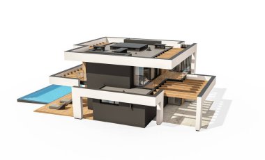 Havuzu ve park yeri olan modern konforlu bir evin 3 boyutlu tasarımı. Satılık ya da lüks tarzda. Beyazda izole edilmiş