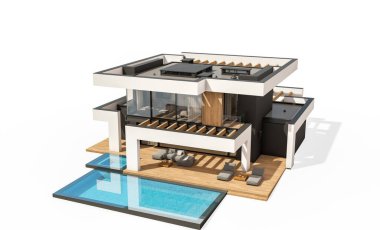 Havuzu ve park yeri olan modern konforlu bir evin 3 boyutlu tasarımı. Satılık ya da lüks tarzda. Beyazda izole edilmiş