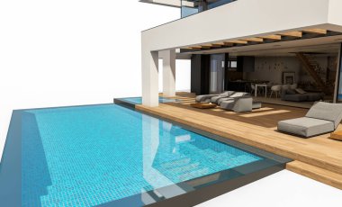 Havuzu ve park yeri olan modern konforlu bir evin 3 boyutlu tasarımı. Satılık ya da lüks tarzda. Beyazda izole edilmiş
