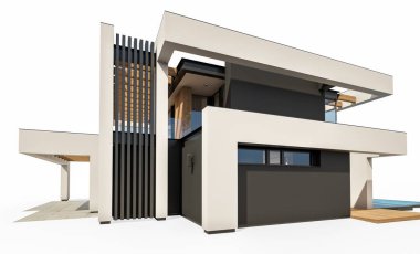 Havuzu ve park yeri olan modern konforlu bir evin 3 boyutlu tasarımı. Satılık ya da lüks tarzda. Beyazda izole edilmiş