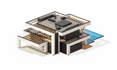 Havuzu ve park yeri olan modern konforlu bir evin 3 boyutlu tasarımı. Satılık ya da lüks tarzda. Beyazda izole edilmiş