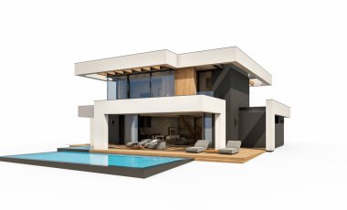 Havuzu ve park yeri olan modern konforlu bir evin 3 boyutlu tasarımı. Satılık ya da lüks tarzda. Beyazda izole edilmiş