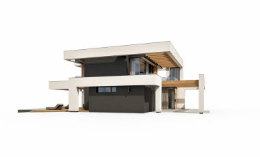 Havuzu ve park yeri olan modern konforlu bir evin 3 boyutlu tasarımı. Satılık ya da lüks tarzda. Beyazda izole edilmiş