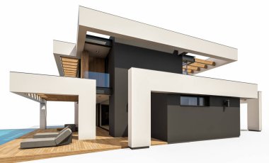 Havuzu ve park yeri olan modern konforlu bir evin 3 boyutlu tasarımı. Satılık ya da lüks tarzda. Beyazda izole edilmiş