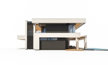 Havuzu ve park yeri olan modern konforlu bir evin 3 boyutlu tasarımı. Satılık ya da lüks tarzda. Beyazda izole edilmiş