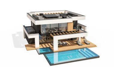 Havuzu ve park yeri olan modern konforlu bir evin 3 boyutlu tasarımı. Satılık ya da lüks tarzda. Beyazda izole edilmiş