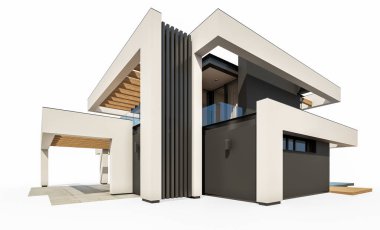 Havuzu ve park yeri olan modern konforlu bir evin 3 boyutlu tasarımı. Satılık ya da lüks tarzda. Beyazda izole edilmiş