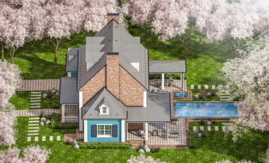 3 boyutlu modern konforlu klasik ev. Garajı ve havuzu satılık ya da kirası var. Güzel bir bahar günü, çiçek açmış ağaçlar ve sakura çiçekleri.