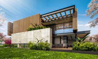 Park yeri ve havuzu satılık ya da kiralık, ahşap cepheli ve güzel manzaralı modern konforlu bir ev. Arka planda sakura çiçekleri olan çiçek açan ağaçlarla taze bir bahar günü.